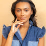 model wears 14k Gold Vermeil Shorthand Stud Earring meaning Great - Claire Hill Designs