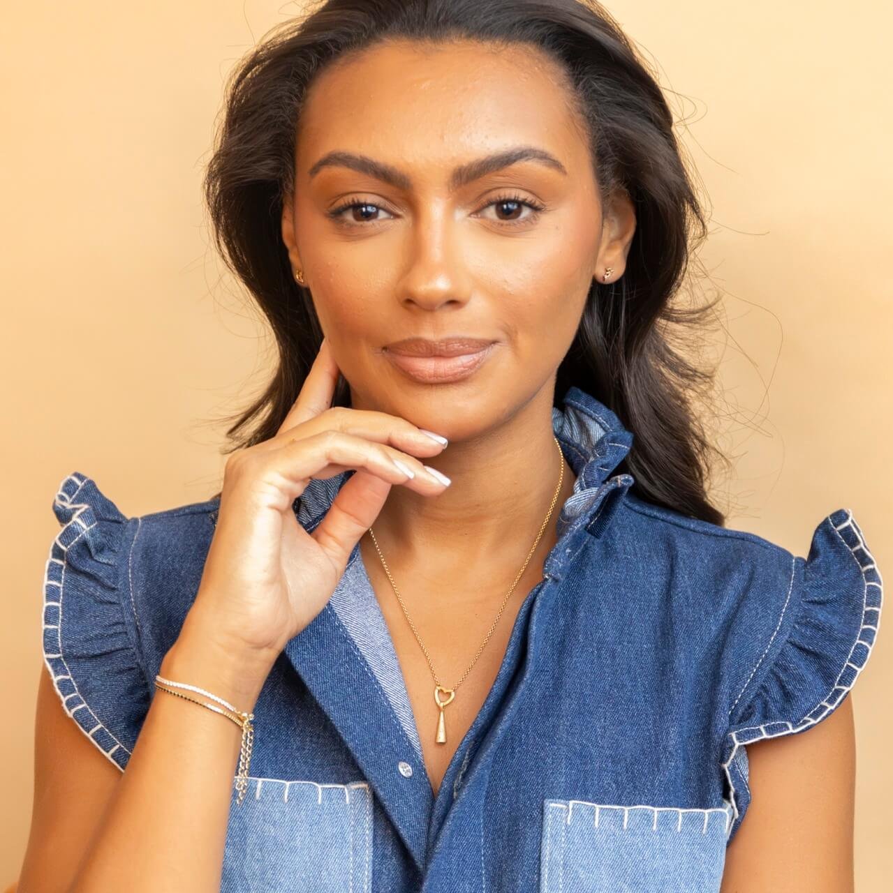 model wears 14k Gold Vermeil Shorthand Stud Earring meaning Great - Claire Hill Designs