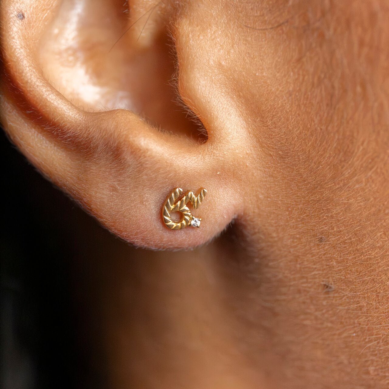 model wears Brave 14k Gold Vermeil Shorthand Stud Earring - Claire Hill Designs 