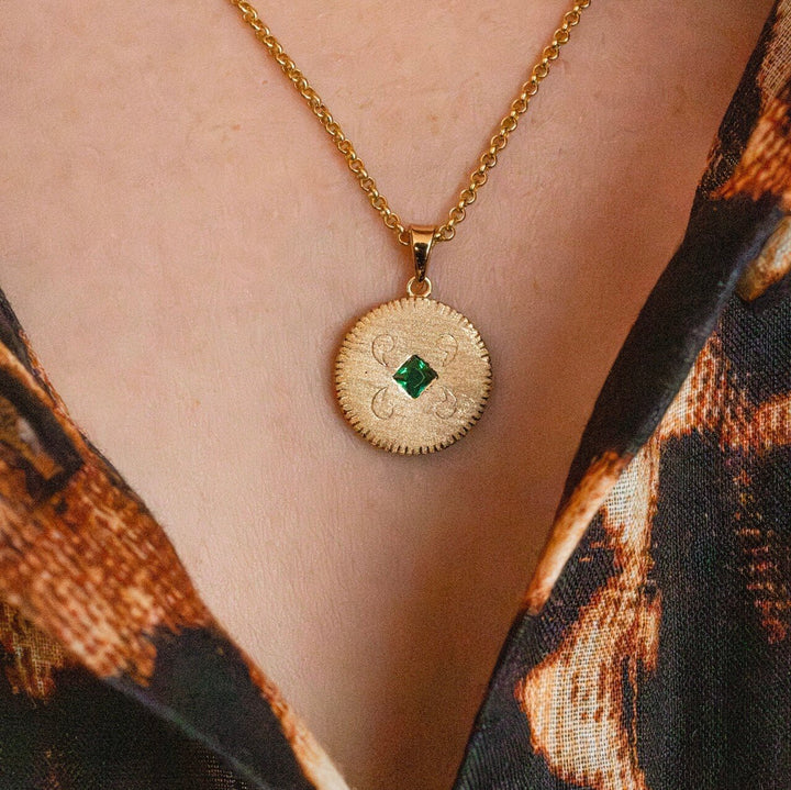 model wears model wears 18k Gold Vermeil Lovespoon charm disc pendant necklace - Claire Hill Designs 
