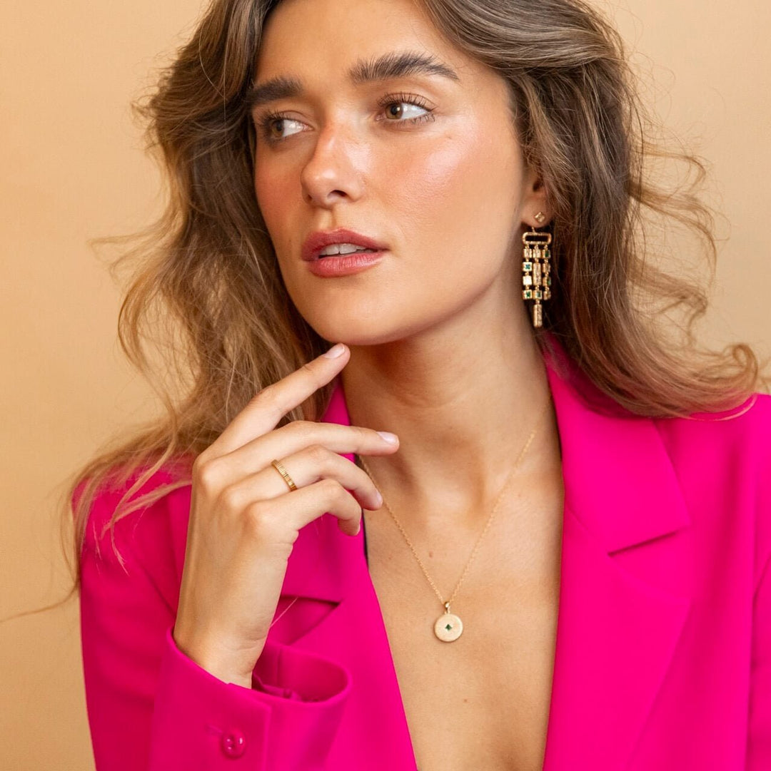 model wears 18k Gold Vermeil Lovespoon charm disc pendant necklace - Claire Hill Designs 