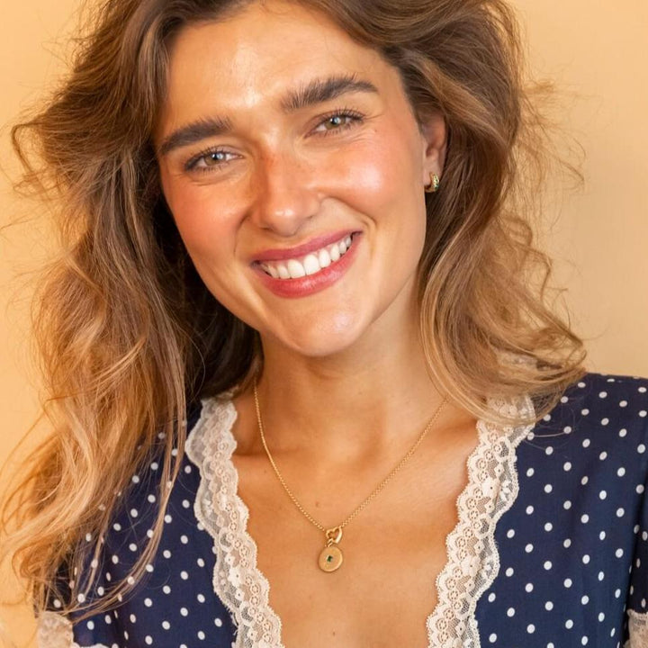 Model wears Emerald and 18k Gold Vermeil Antique Textured Huggie Hoop Earrings - Claire Hill Designs
