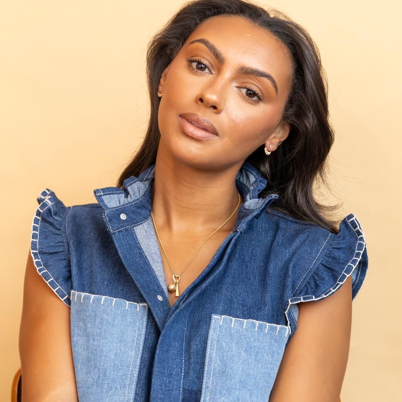 model wears charm necklace with 18k Gold Vermeil Sparkly Crescent Moon Charm and comet charm - Claire Hill Designs 