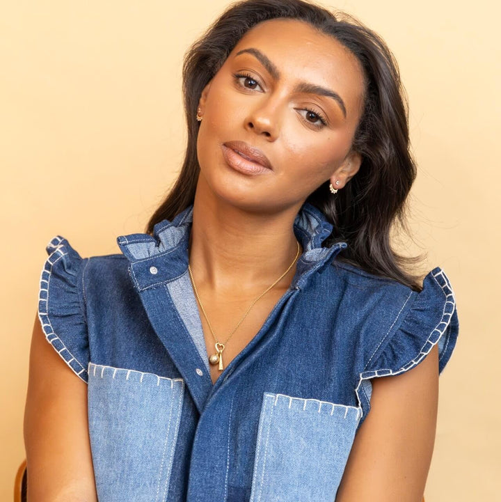 model wears charm necklace with 18k Gold Vermeil Sparkly Crescent Moon Charm and comet charm - Claire Hill Designs 