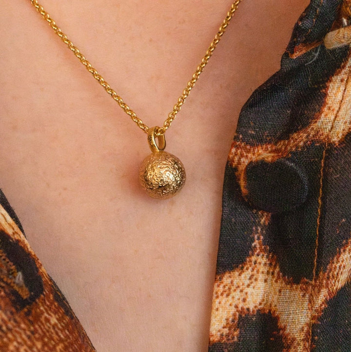 model wears 18k Gold Vermeil Full  Moon Charm Necklace - Claire Hill Designs 