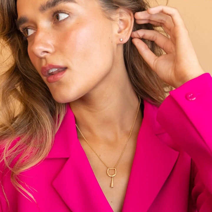 model wears 18k Gold Vermeil and Cubic Zirconia Horseshoe Charm Pendant Necklace - Claire Hill Designs