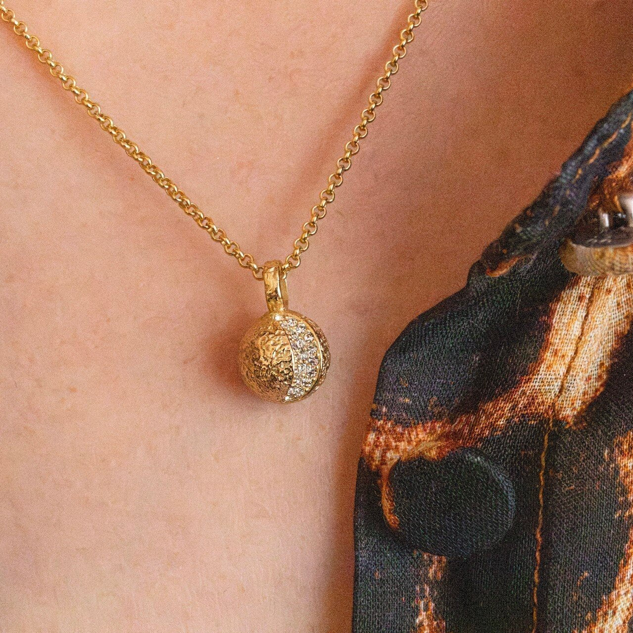 model wears 18k Gold Vermeil Sparkly Crescent Moon Charm Necklace - Claire Hill Designs 