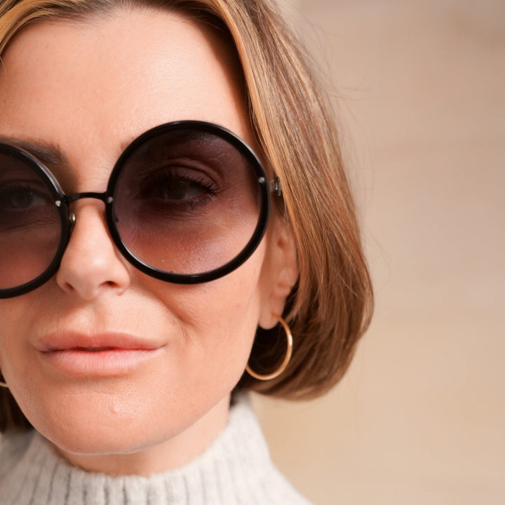 model wears 9ct Solid Gold 30mm Hoop Earrings - Claire Hill Designs