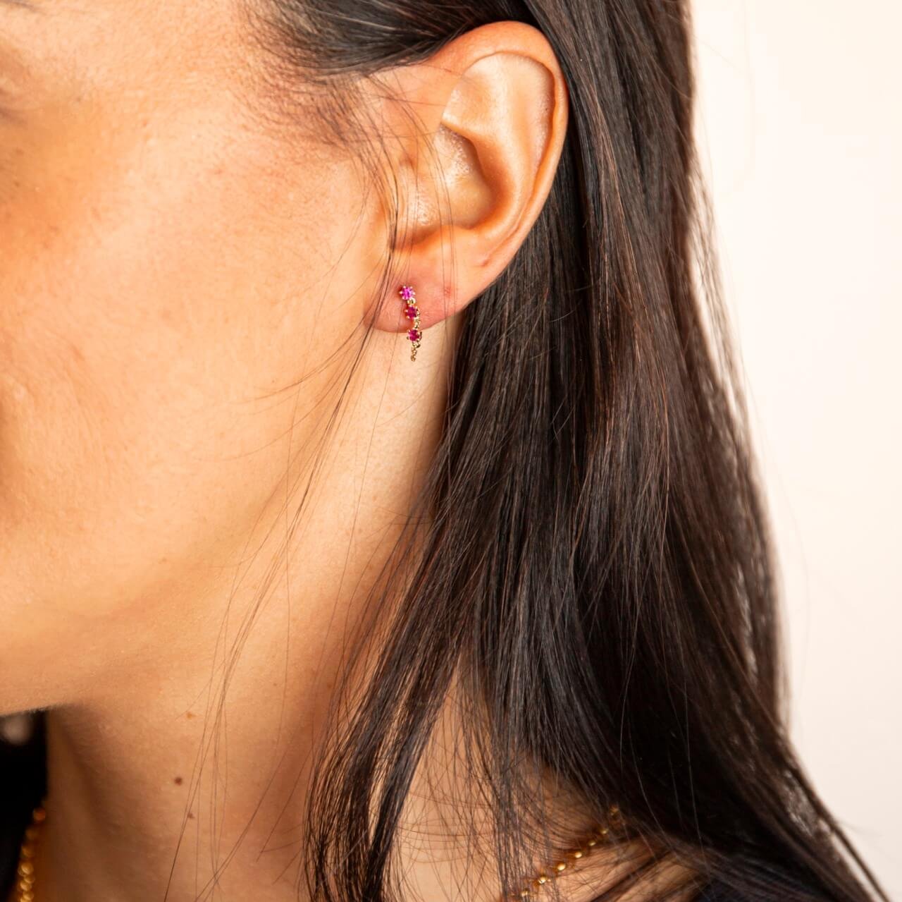 Pink Ruby 9ct Solid Gold Chain Stud Earrings