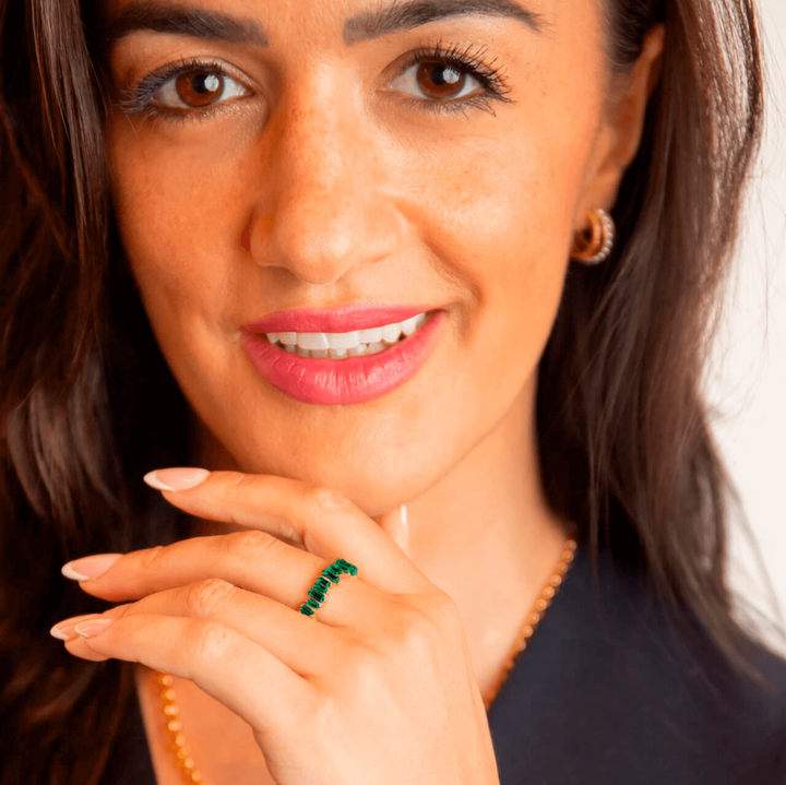 model wears Emerald Gold Vermeil baguette ring