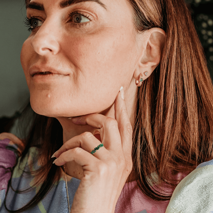 model wears Emerald Gold Vermeil baguette ring