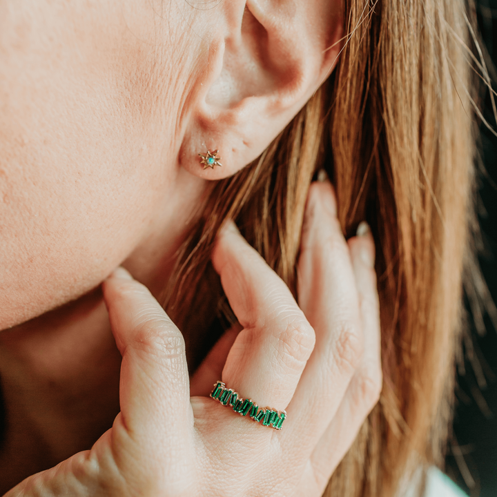 model wears Emerald Gold Vermeil baguette ring