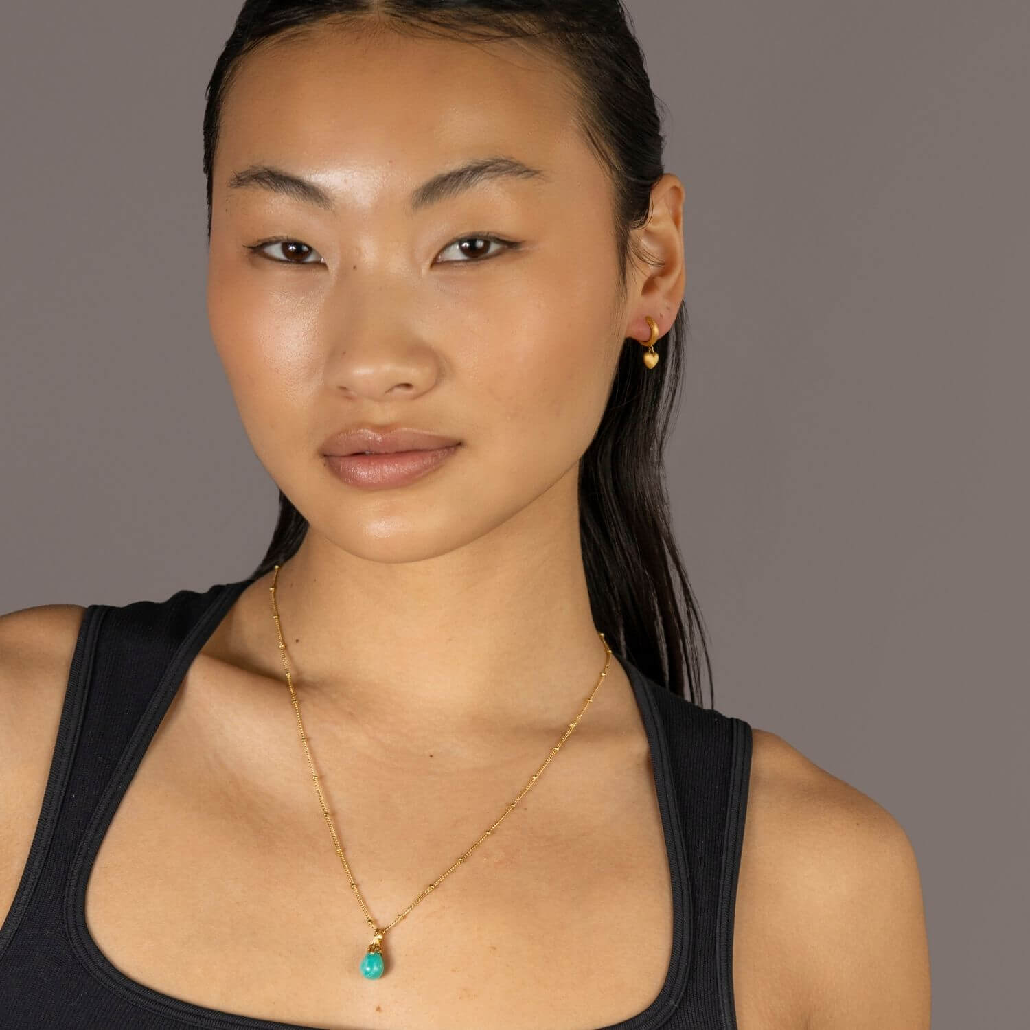 model wears Amazonite Gold Lichen Pendant Necklace