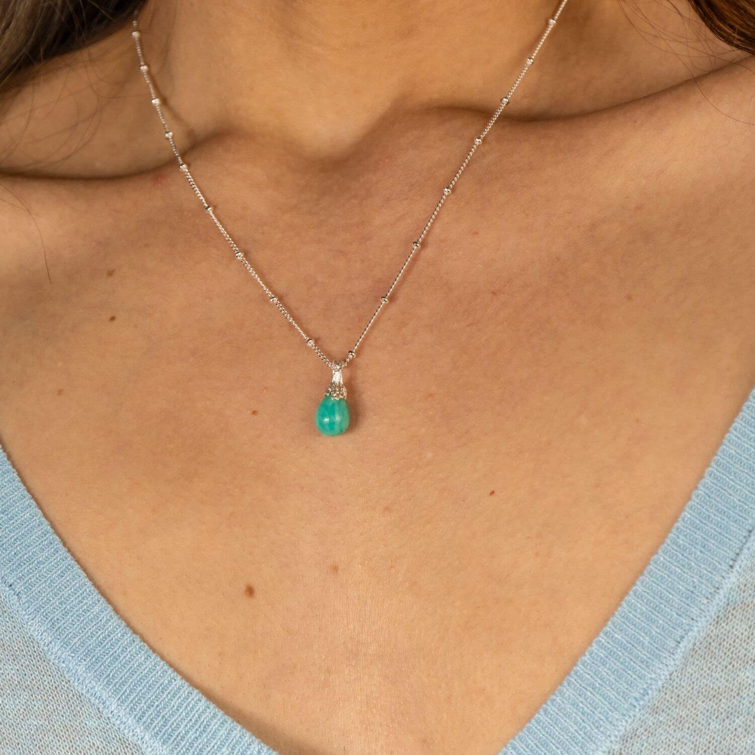 model wears Amazonite Silver Lichen Pendant Necklace - 