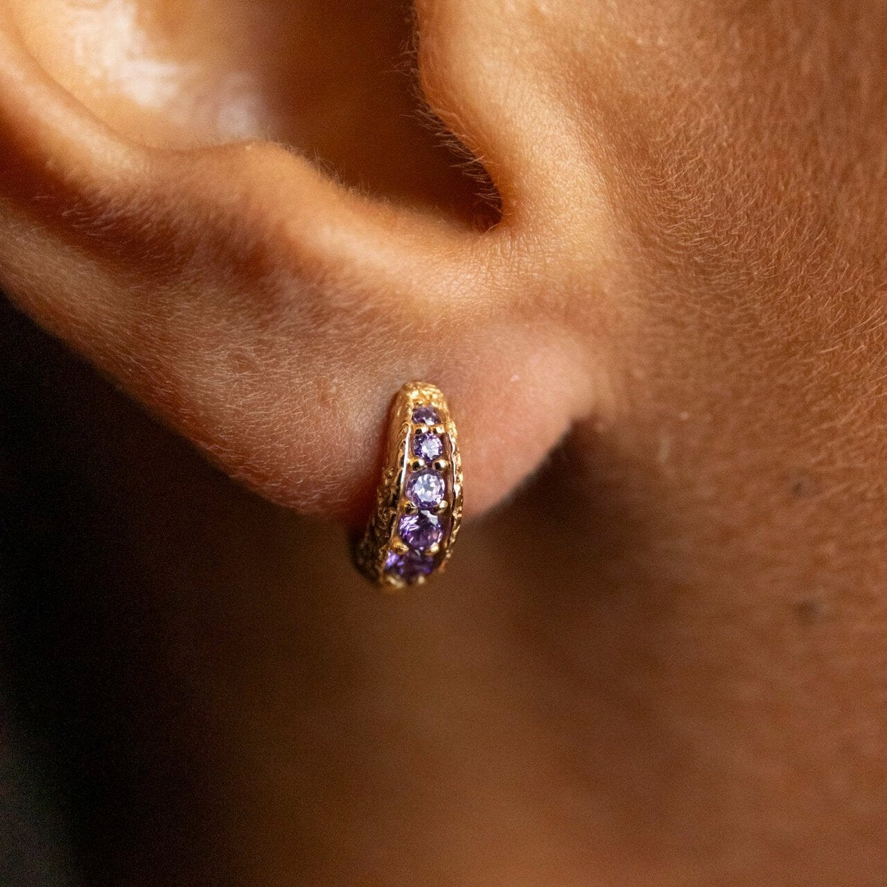 Model wears Amethyst and 18k Gold Vermeil Antique Textured Huggie Hoop Earrings - Claire Hill Designs