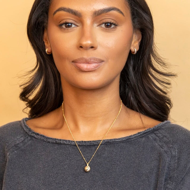 model wears 18k Gold Vermeil Sparkly Crescent Moon Charm Necklace - Claire Hill Designs 