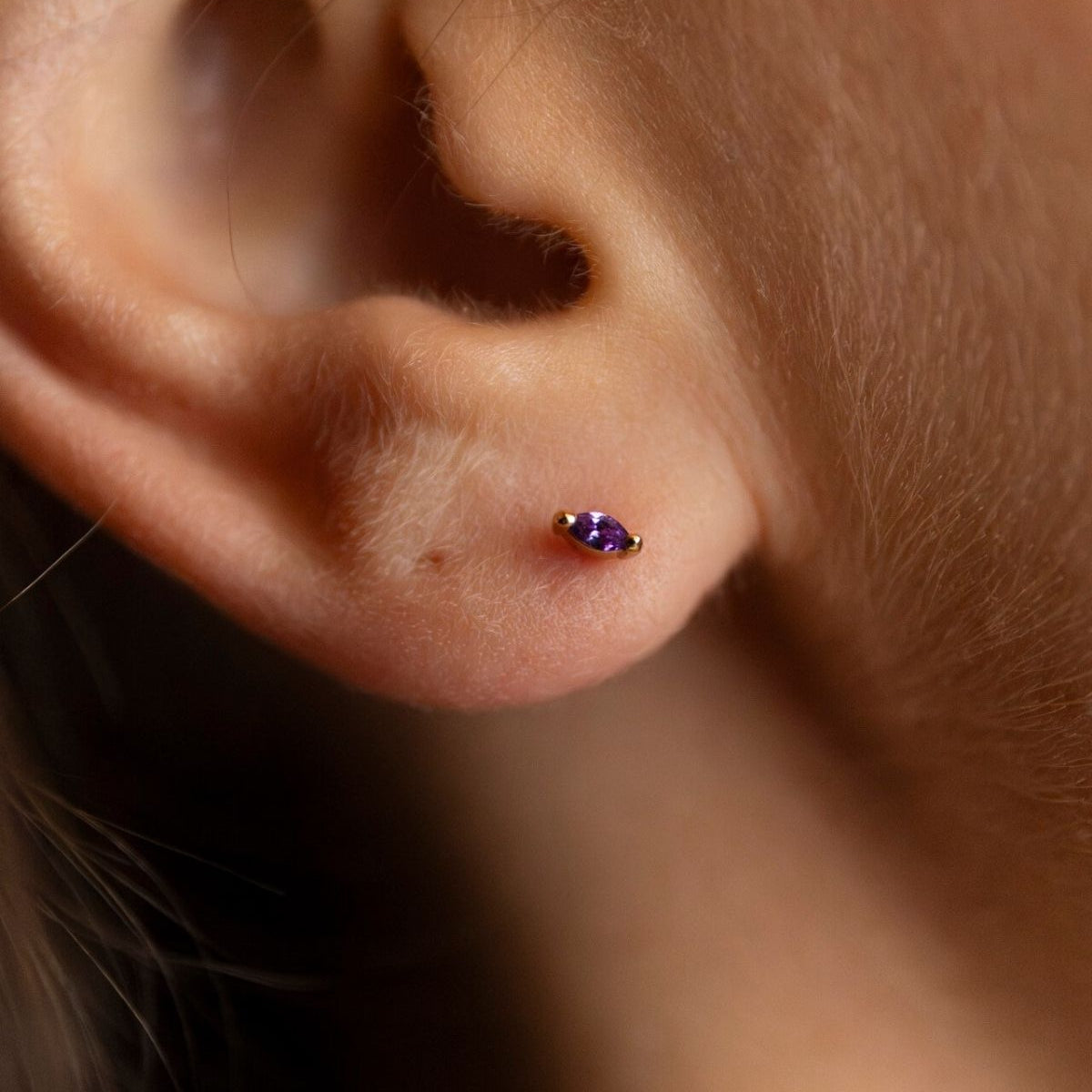 model wears Amethyst Cubic Zirconia Gold Labret Earring