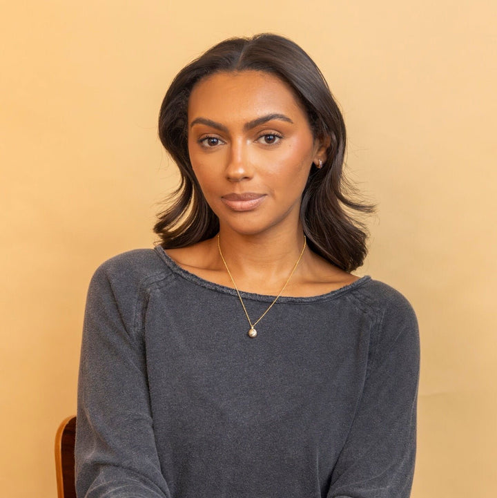 model wears 18k Gold Vermeil Sparkly Crescent Moon Charm Necklace - Claire Hill Designs 