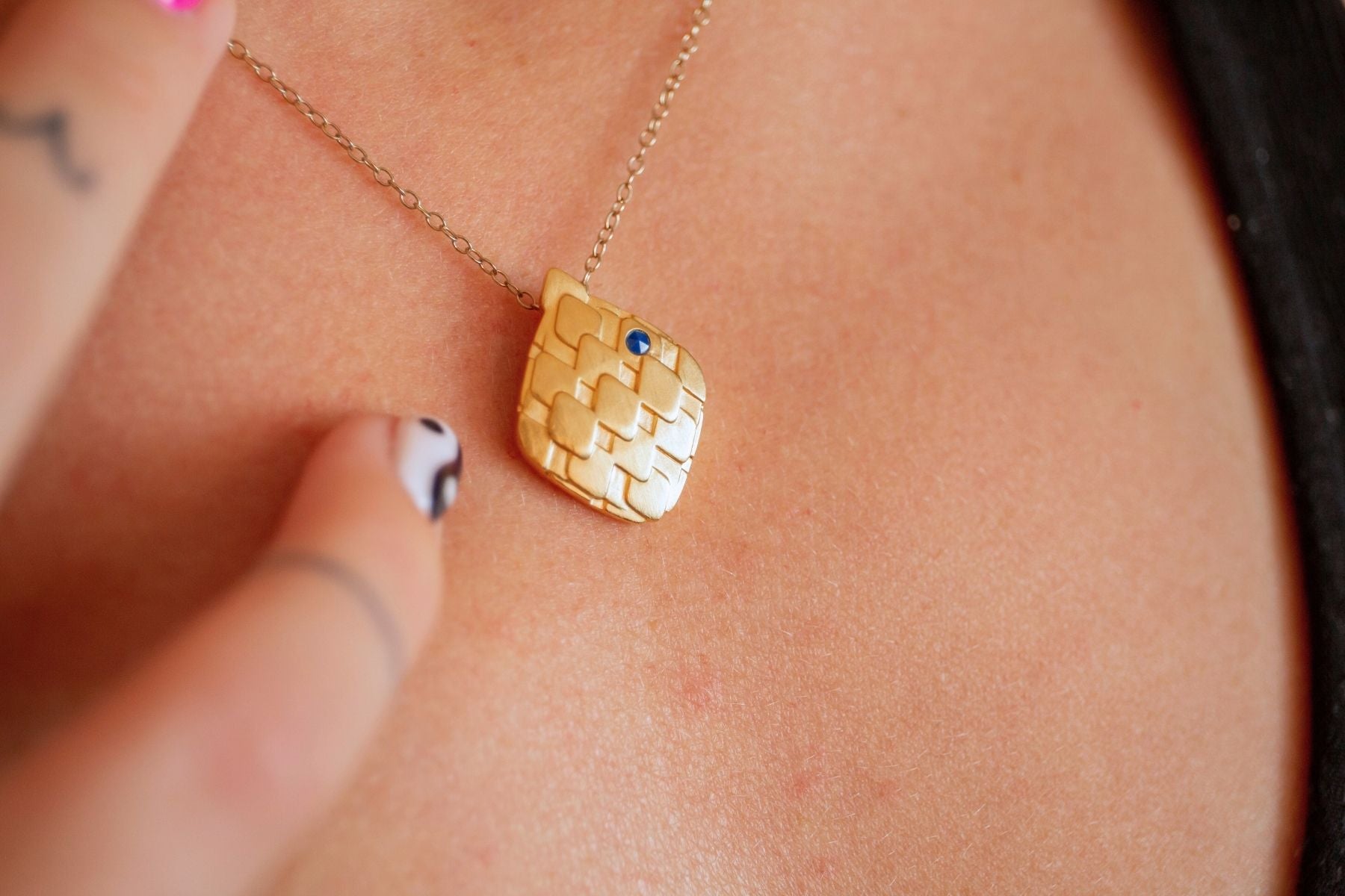 model wears Art Deco Lapis Lazuli Gold Necklace