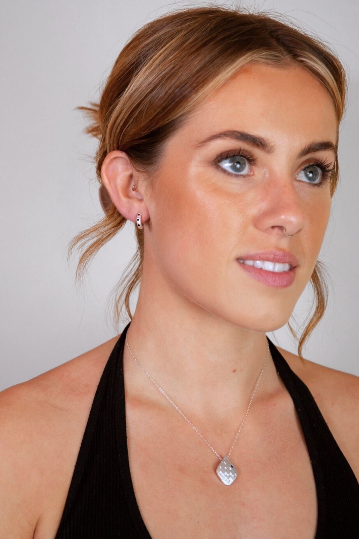 model wears Art Deco Silver Lapis Lazuli Necklace