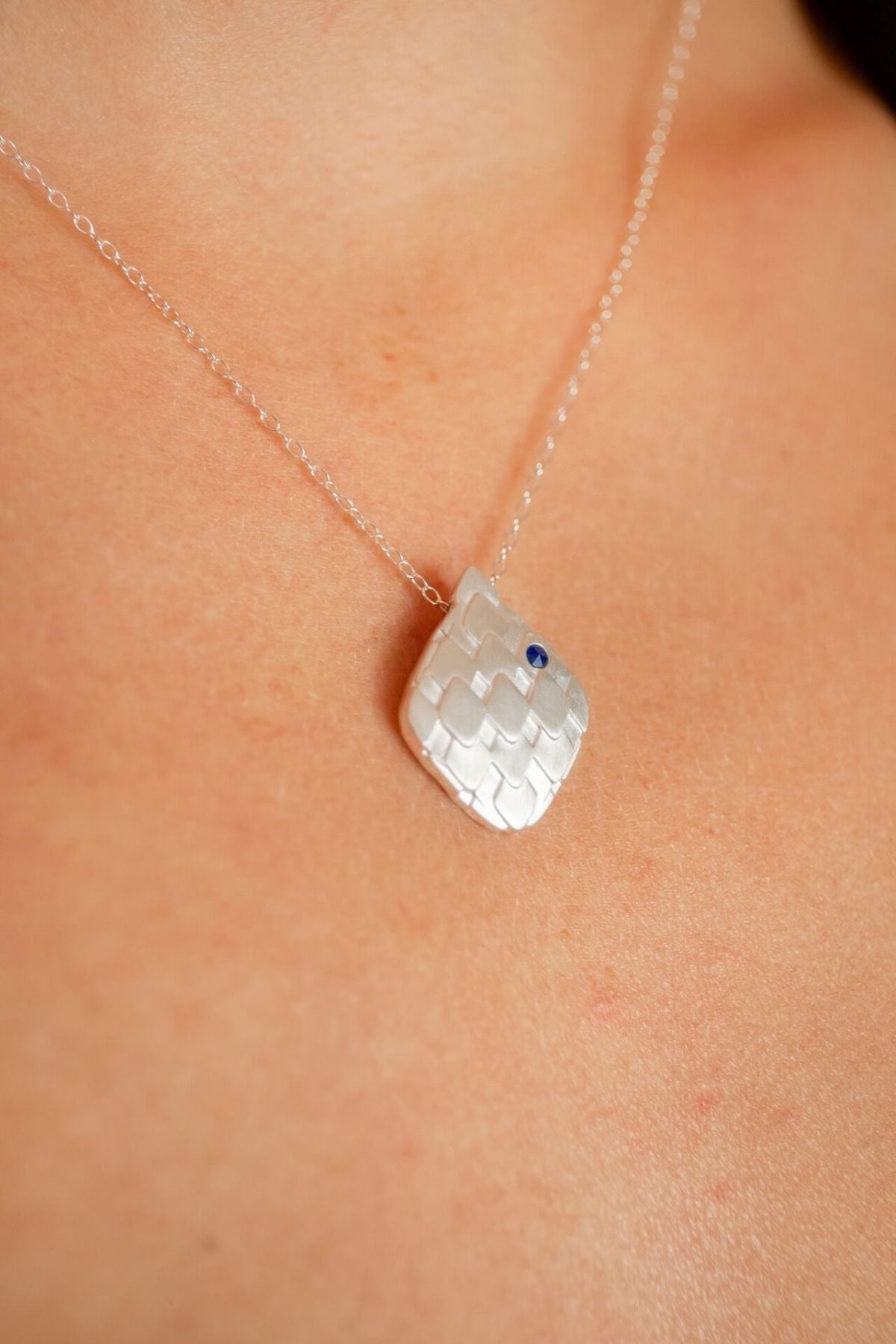 model wears Art Deco Silver Lapis Lazuli Necklace