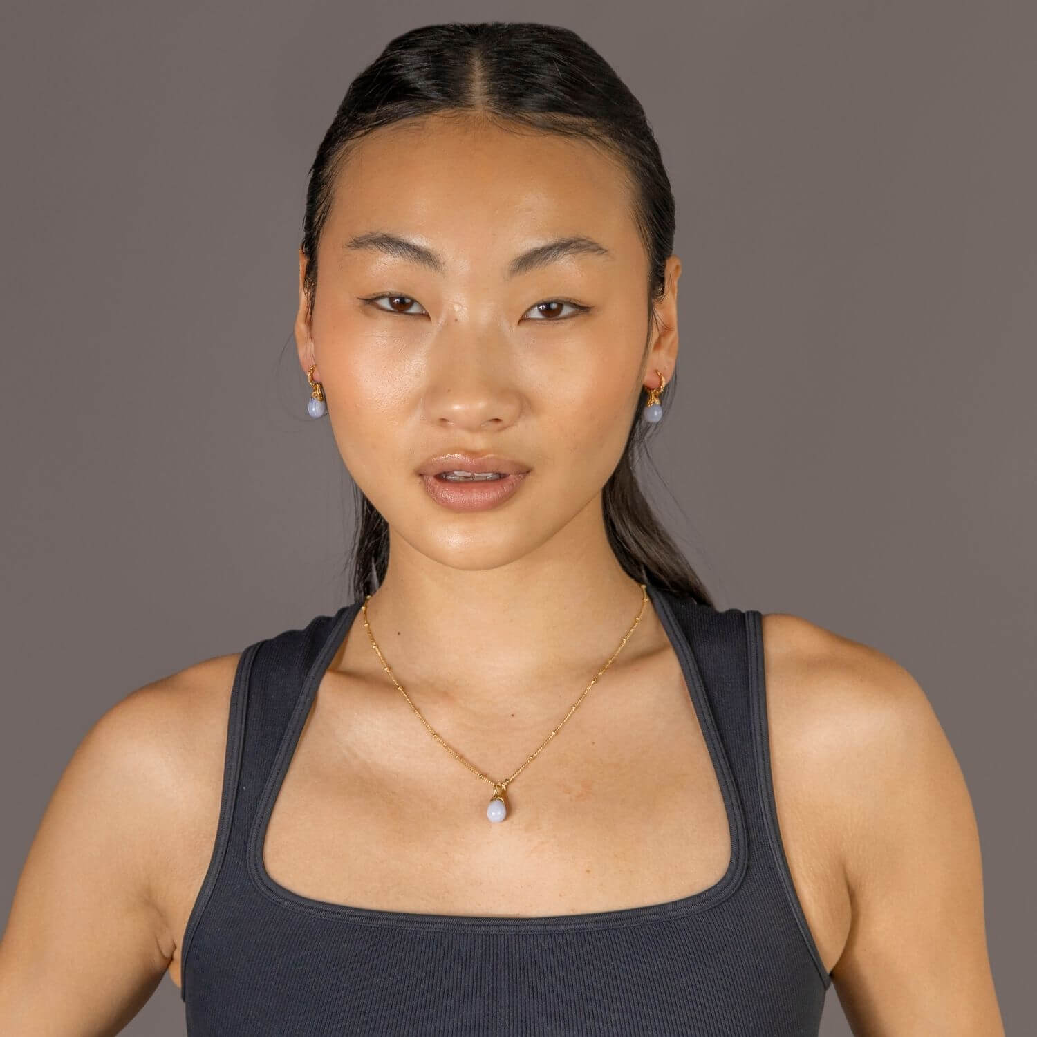 model wears Blue Lace Agate Lichen Pendant Necklace - satellite chain