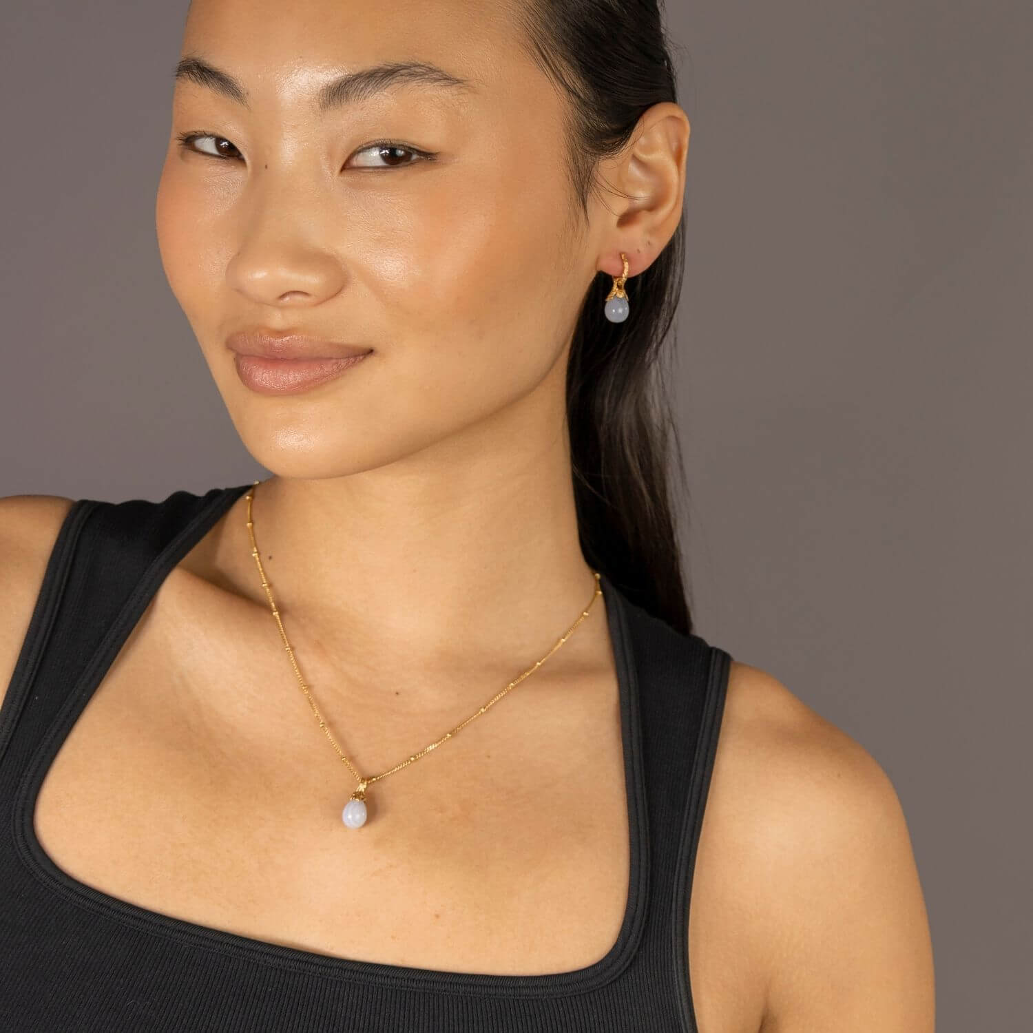 model wears Blue Lace Agate Lichen Pendant Necklace - satellite chain 