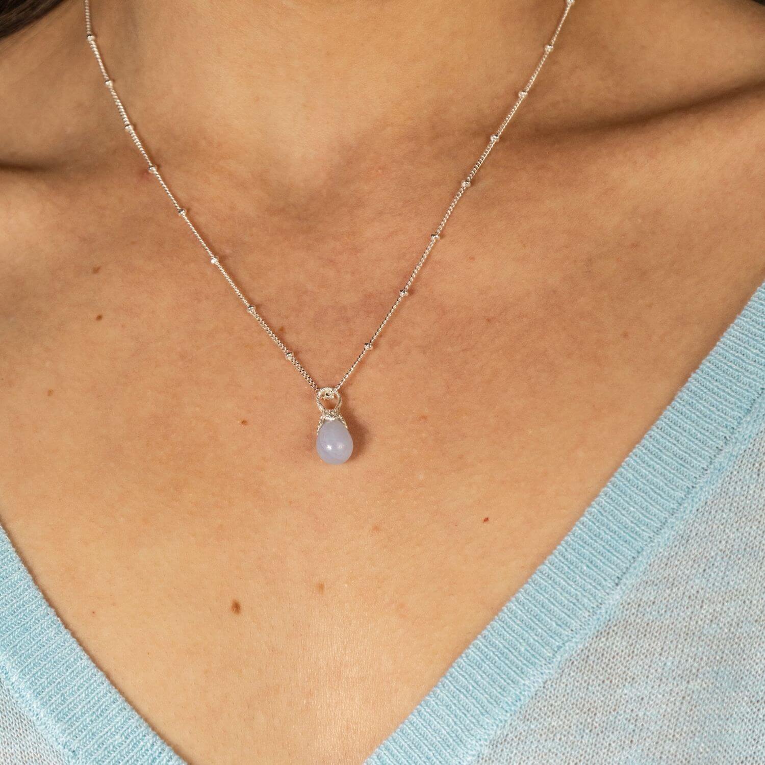Blue Lace Agate Silver Lichen Pendant Necklace