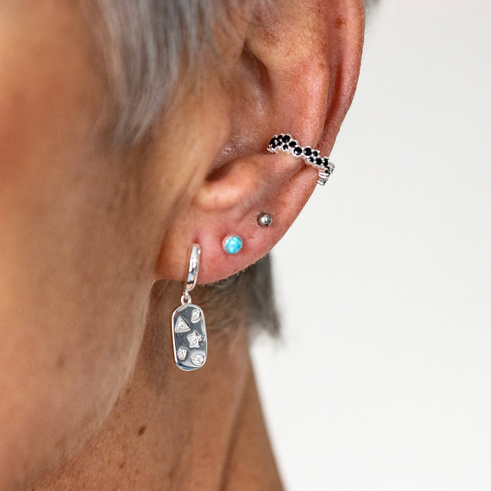 Mystic Star Silver Dog Tag Huggie Earrings