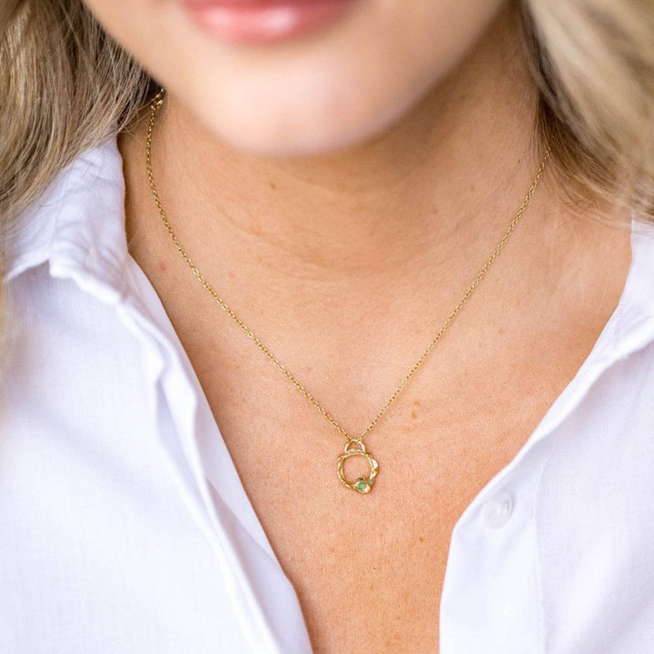model wears Emerald and Gold Birthstone Branch Circle Necklace (Small)