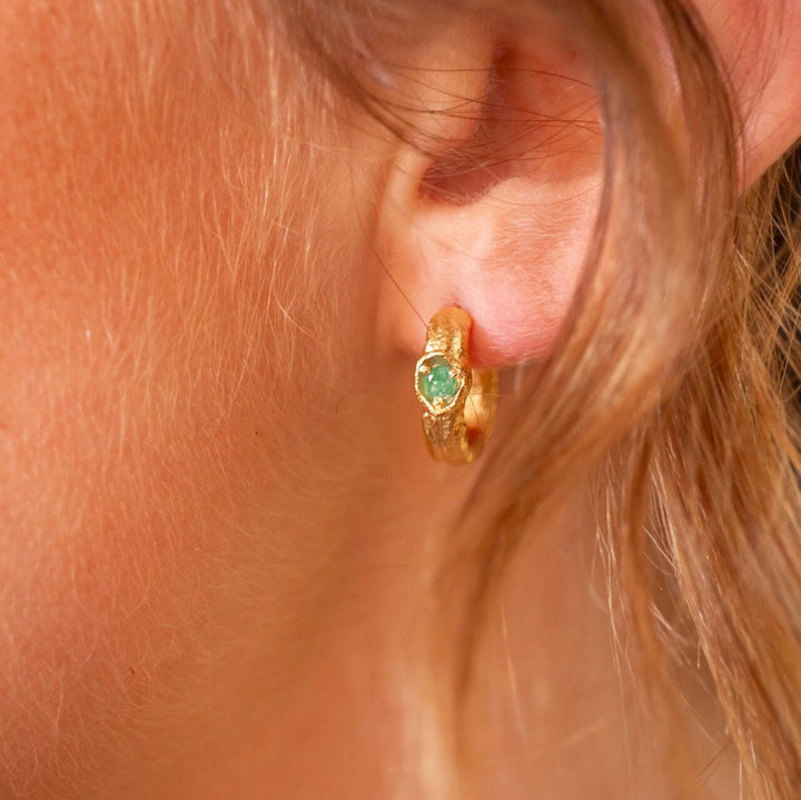Emerald and 14k gold vermeil branch statement hoop earrings