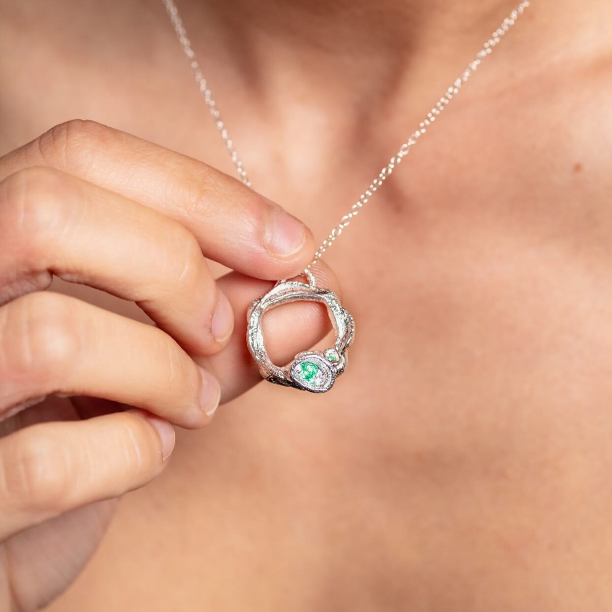 model wears Emerald and Silver Birthstone Branch Circle Necklace - Large