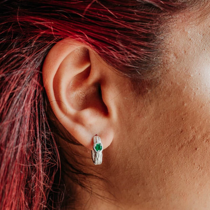 model wears Emerald Silver Branch Hoop Earrings Close up