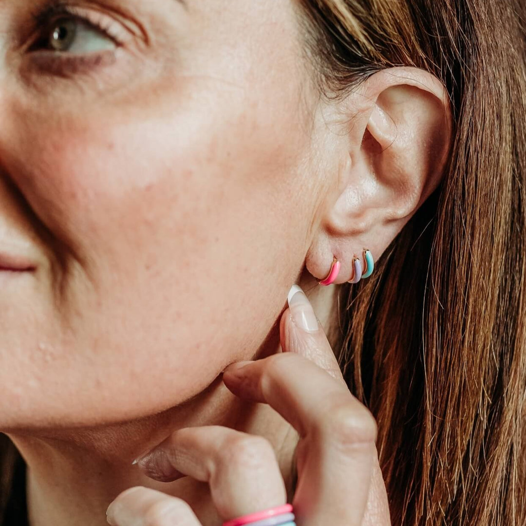 Enamel Huggie Hoop Earrings in Pink, Lavender and Turquoise, Enamel Rings in Hot Pink, Lavender and Turquoise