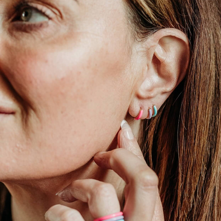 Enamel Huggie Hoop Earrings in Pink, Lavender and Turquoise, Enamel Rings in Hot Pink, Lavender and Turquoise