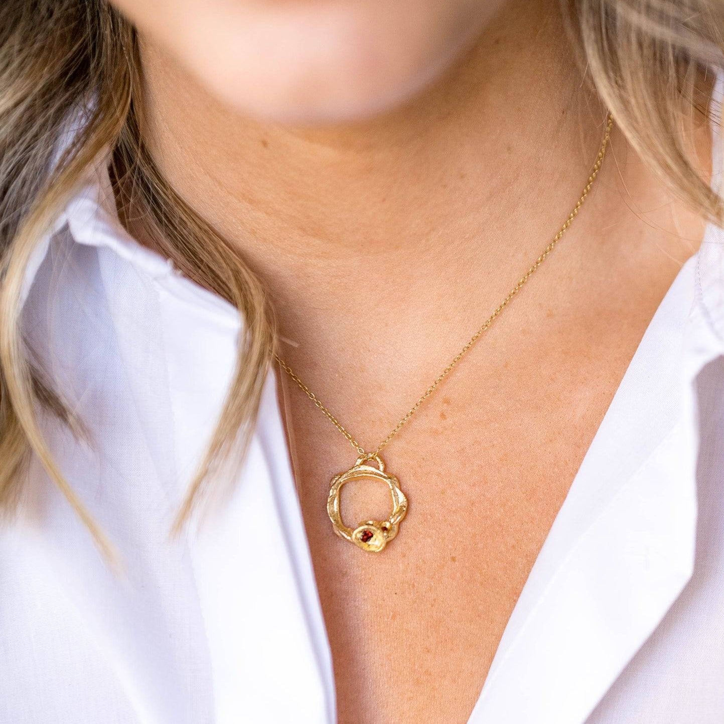 Model wears Garnet and Gold Birthstone Branch Circle Necklace - Large