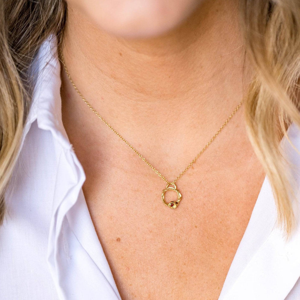 model wears Garnet and Gold Birthstone Small Branch Circle Necklace (Small)