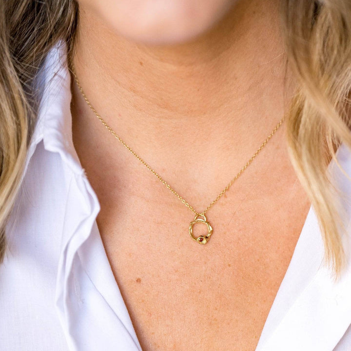 model wears Garnet and Gold Birthstone Small Branch Circle Necklace (Small)