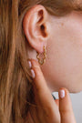 model wears gold sparkly cloud hoop earring - side view 