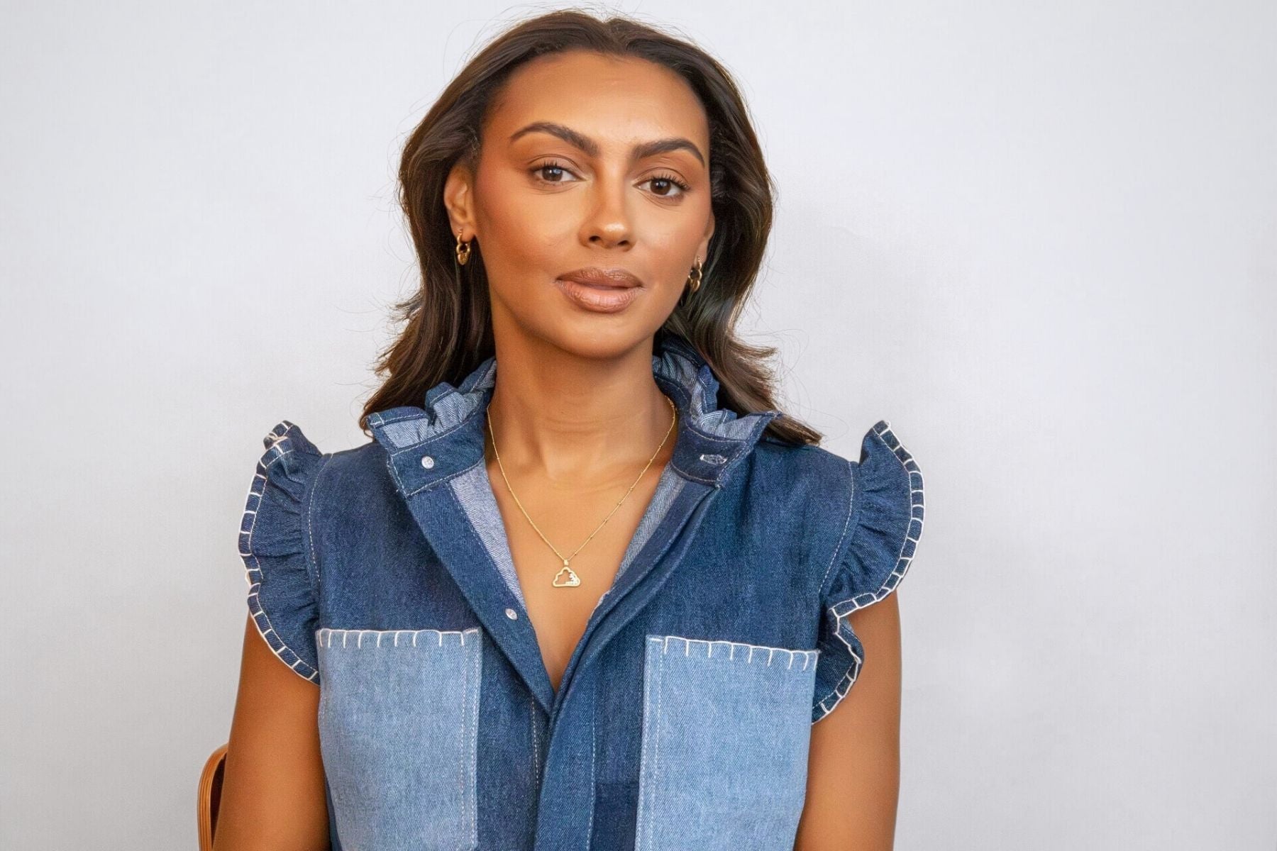 model wears Sparkly Gold Cloud Charm on satellite chain Necklace and cloud earrings