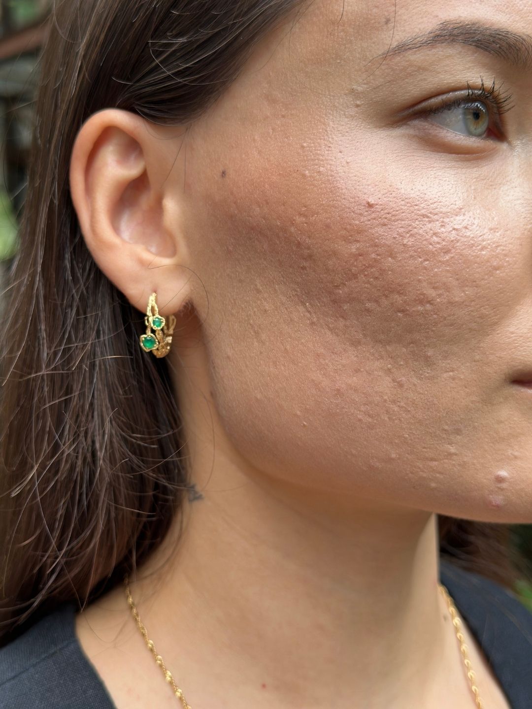 model wears Chalcedony Twisted Branch Gold Hoops