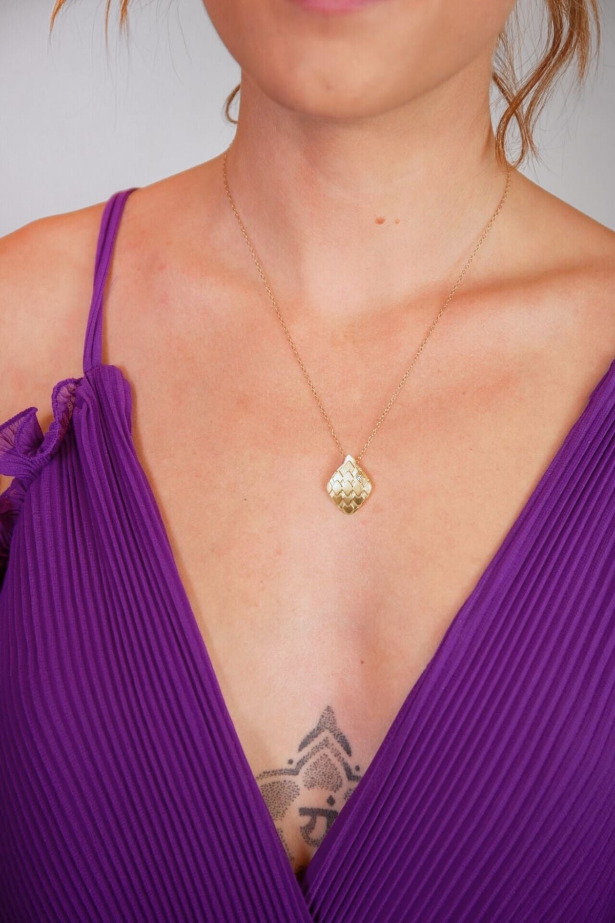model wears Lab-Grown Diamond Art Deco Gold Necklace

