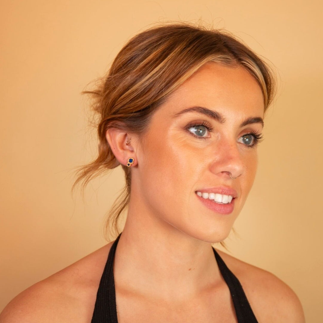 model wears Lapis Lazuli Gold Double Lichen Stud Earrings
