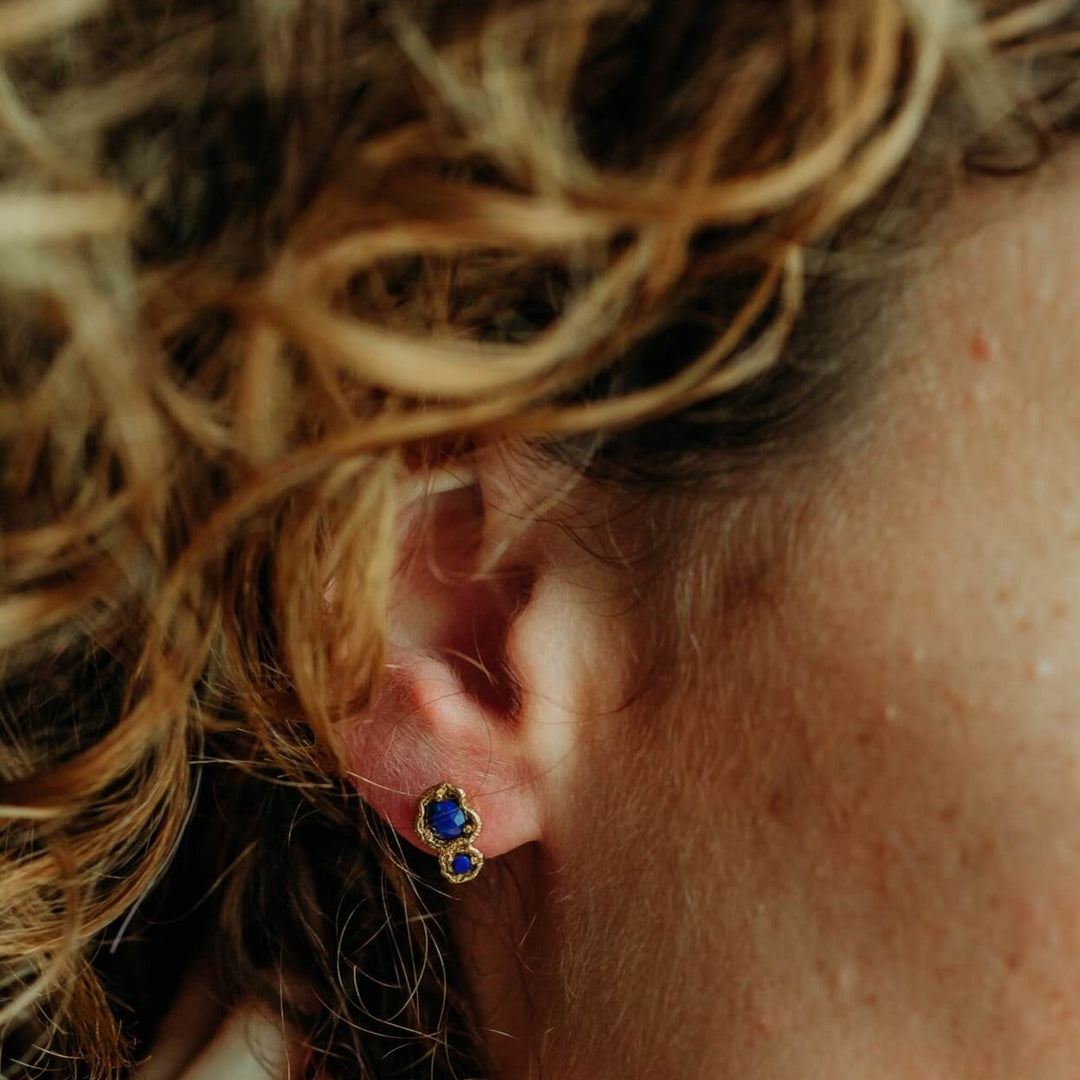 model wears Lapis Lazuli Gold Double Lichen Stud Earrings - close up 