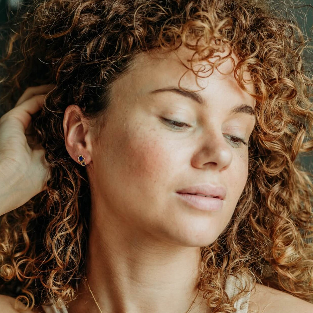 model wears Lapis Lazuli Gemstone Gold Double Lichen Stud Earrings
