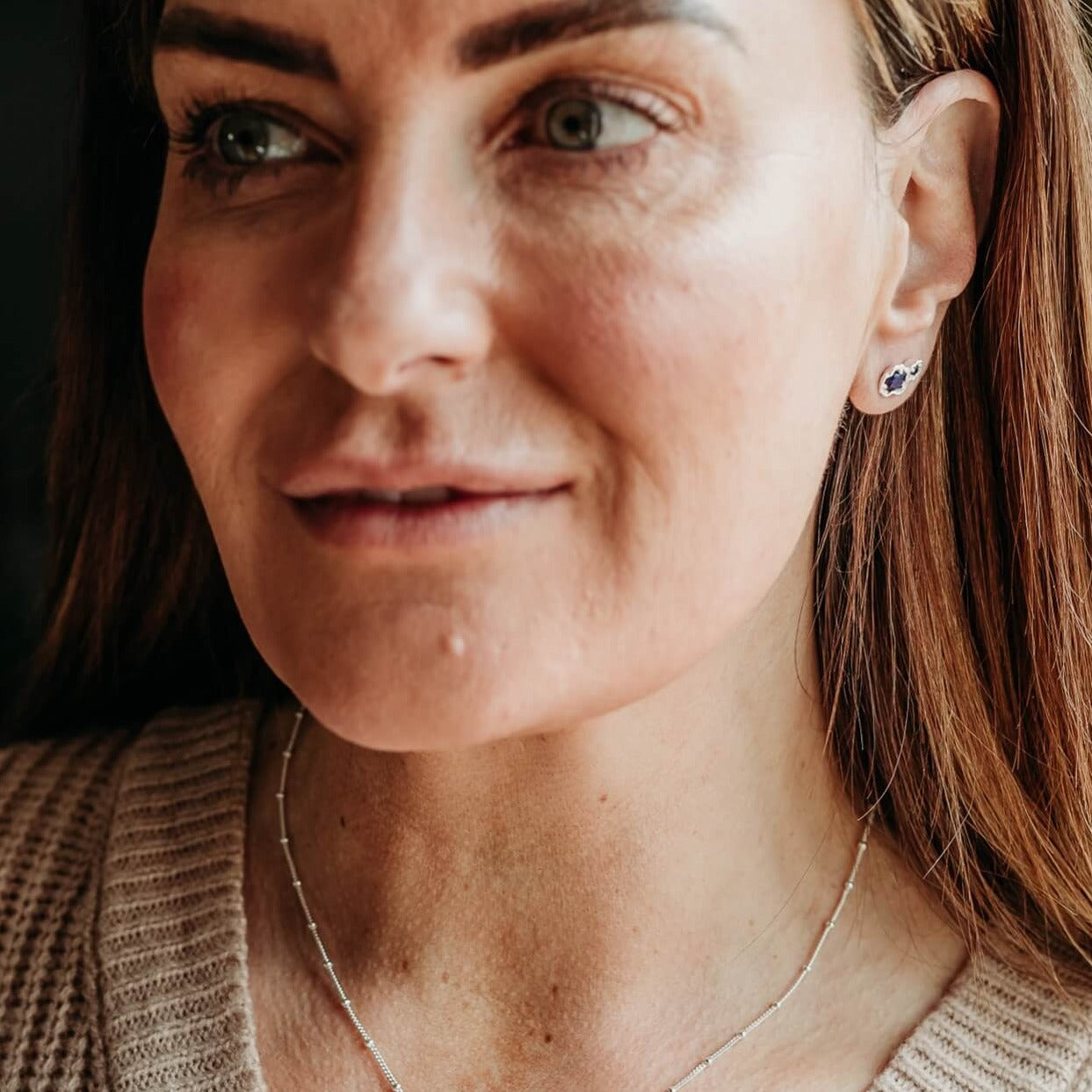 model wears Lapis Lazuli Silver Double Lichen Stud Earrings