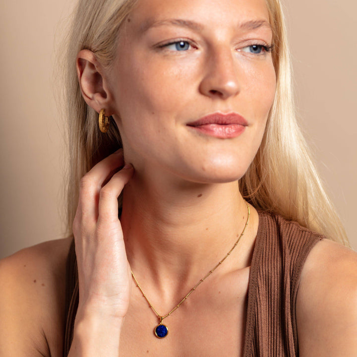 model wears Lapis Lazuli Gold Disc Necklace