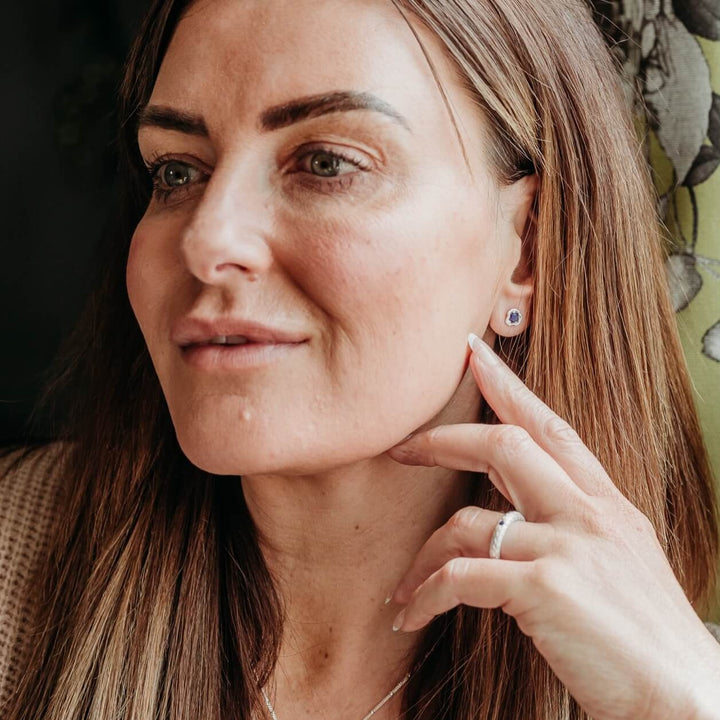 model wears Lapis Lazuli Silver Lichen Stud Earrings