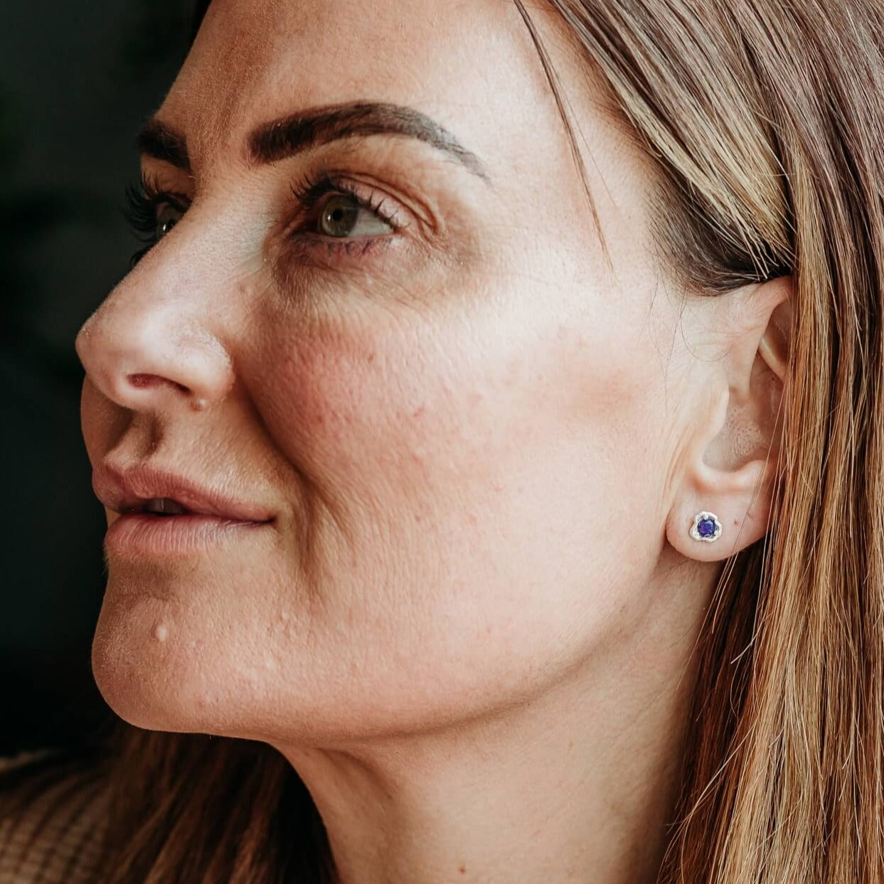 model wears Lapis Lazuli Silver Lichen Stud Earrings