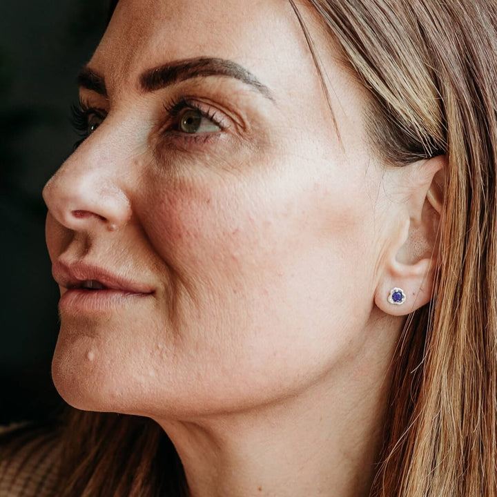model wears Lapis Lazuli Silver Lichen Stud Earrings